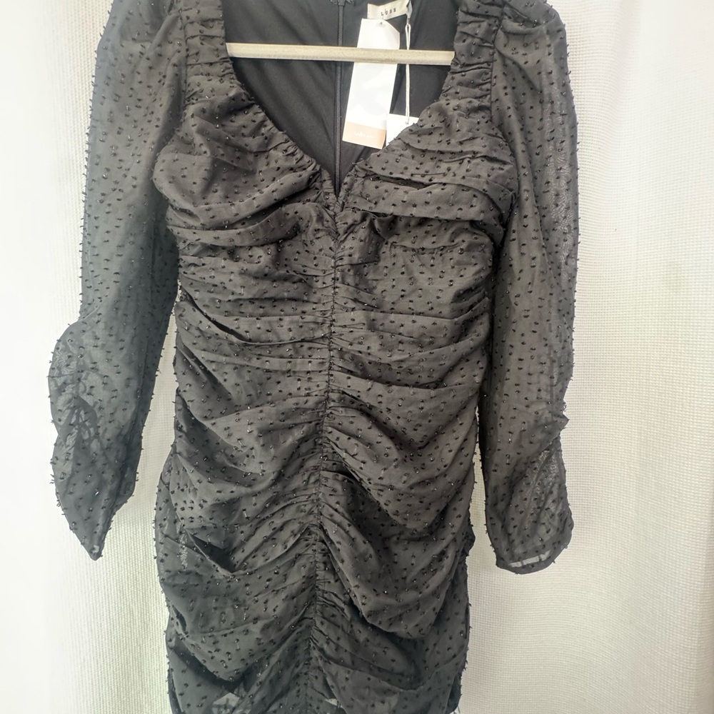 Lush Black Ruched Mini Dress Long Sleeve Beaded Size Small